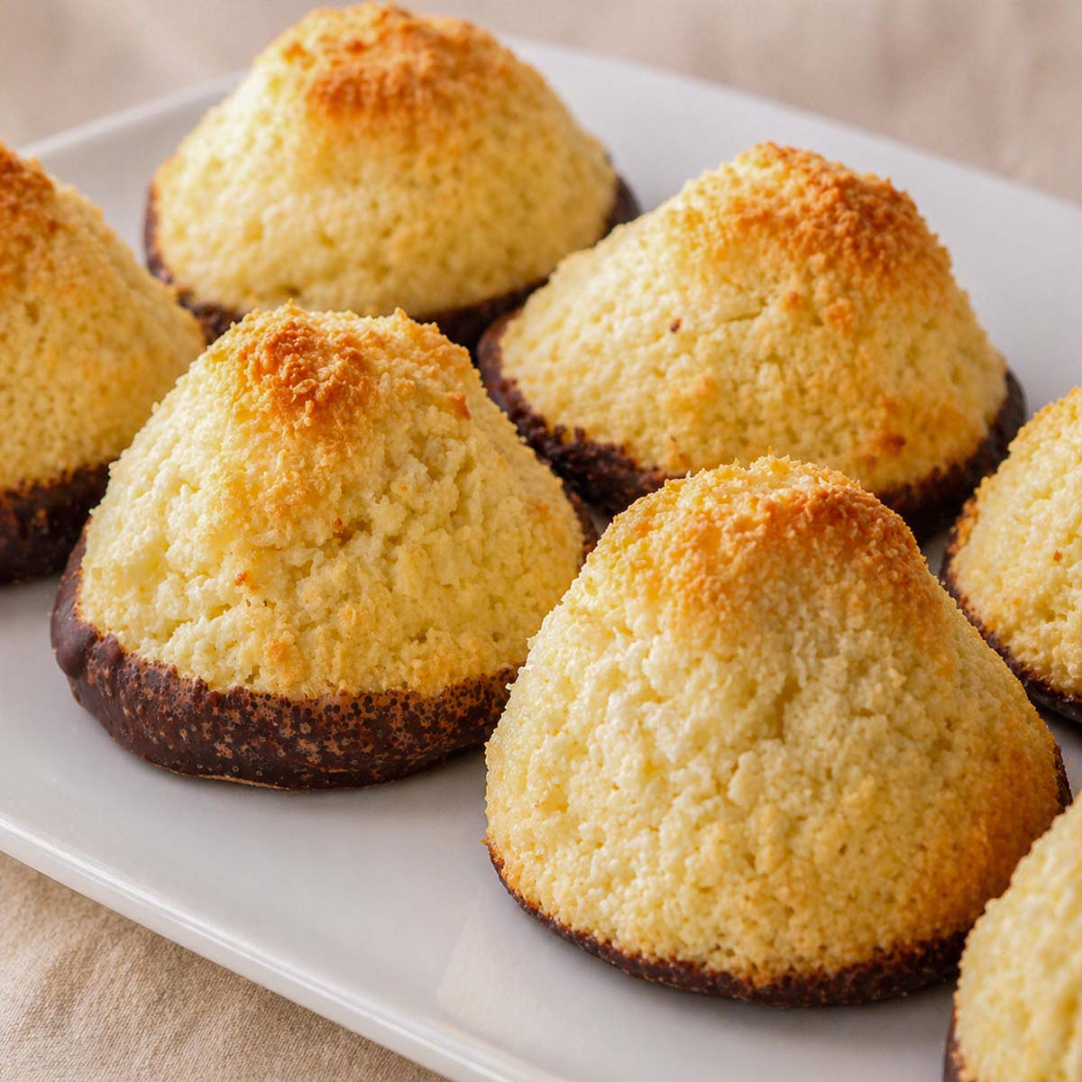 Coconut macaroons on a white plate with golden toasted tops and chocolate-dipped bases