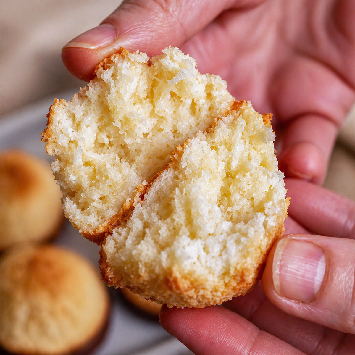 Coconut macaroons split open to show a soft, moist interior with a golden crust