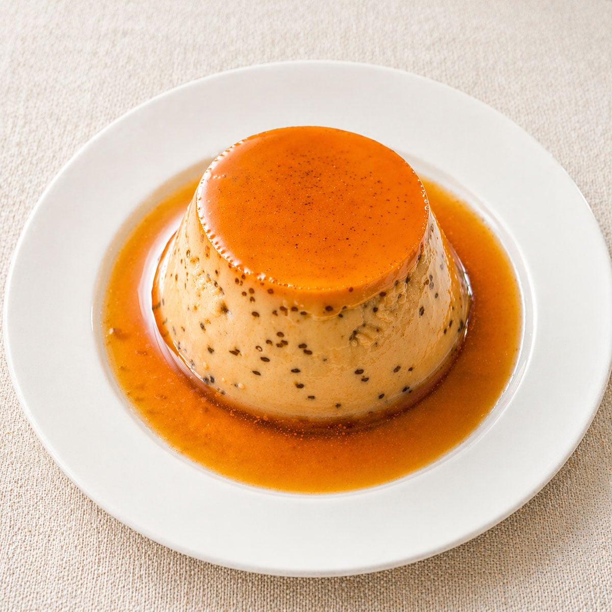 Coffee flan with caramel sauce served on a white plate over warm linen background