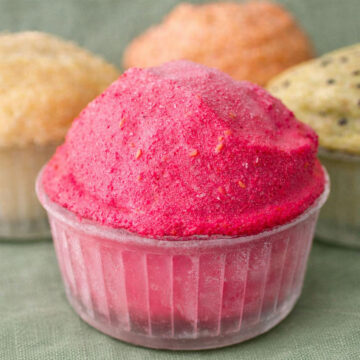 cottage cheese ice cream with raspberry flavor in a glass ramekin