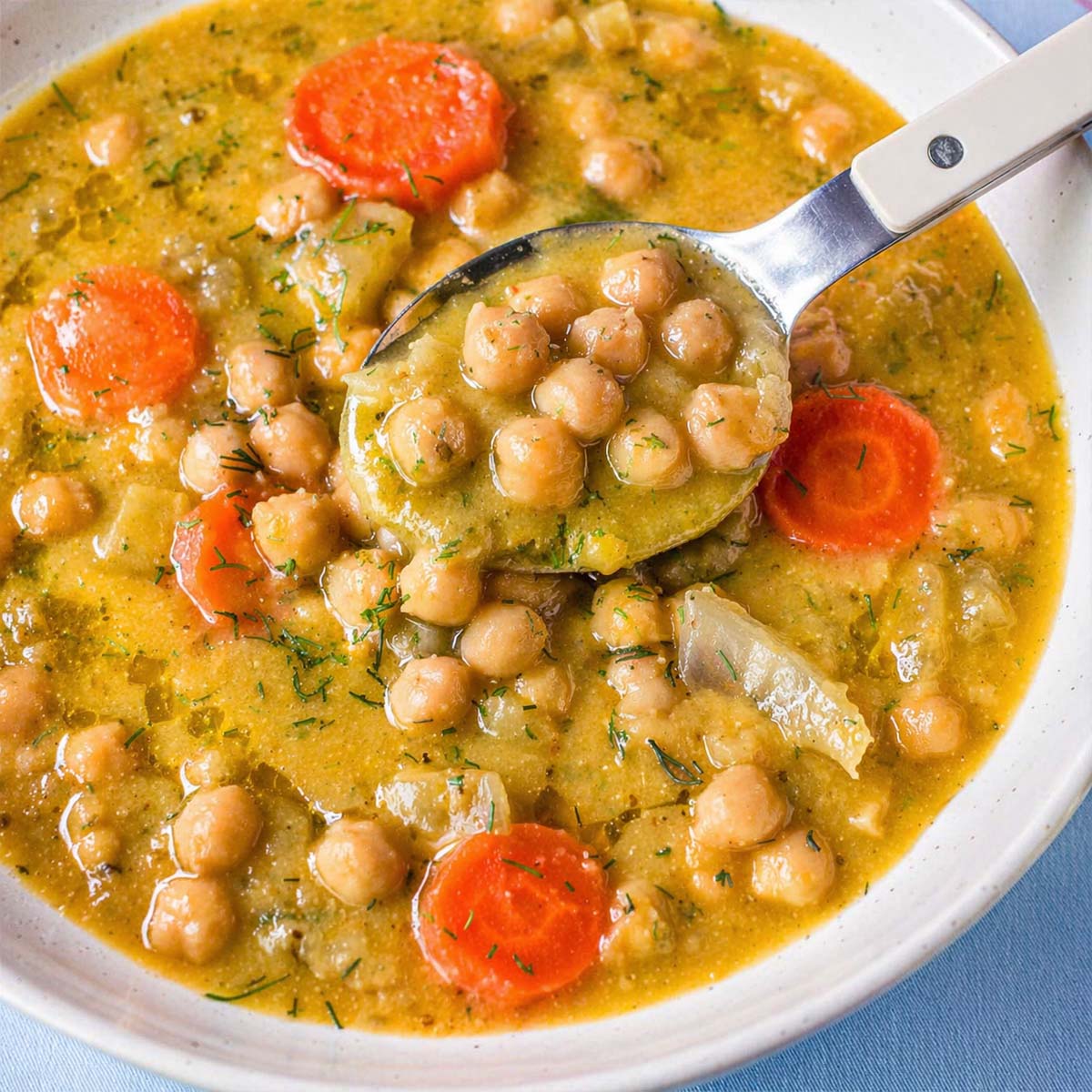spoonful of creamy lemon chickpea soup with carrots and herbs in a bowl, Mediterranean chickpea soup close-up