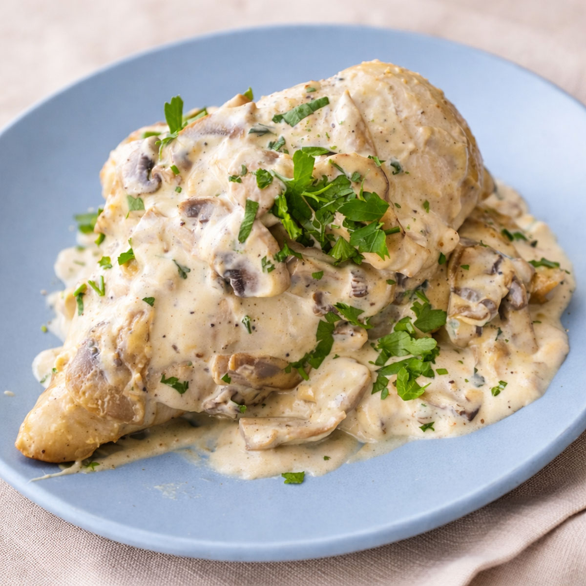 Easy Chicken and Mushrooms Skillet served with creamy garlic mushroom sauce and fresh parsley on a plate