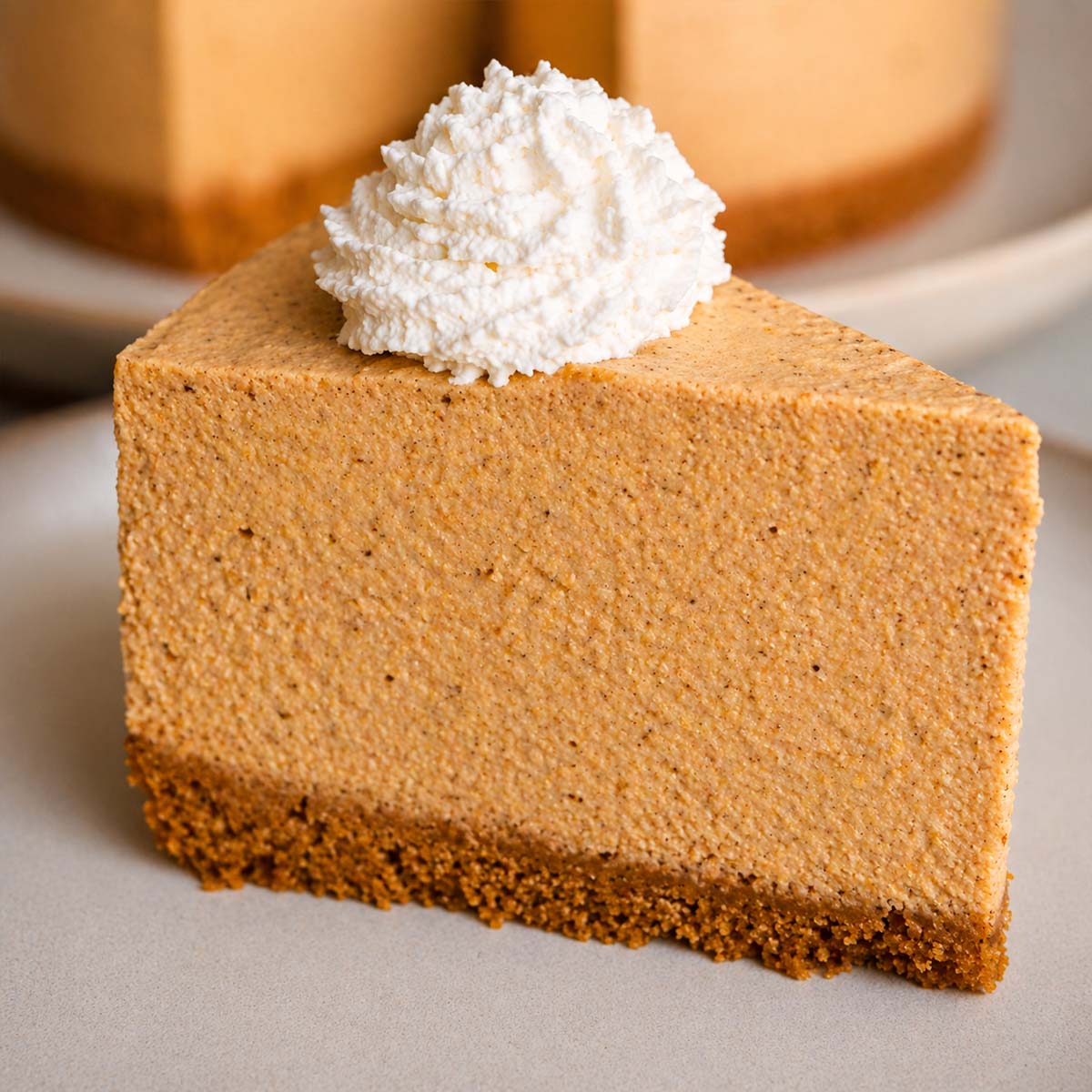 Easy No Bake Pumpkin Cheesecake slice with a creamy pumpkin filling, biscuit crust, and whipped cream on top, served on a plate