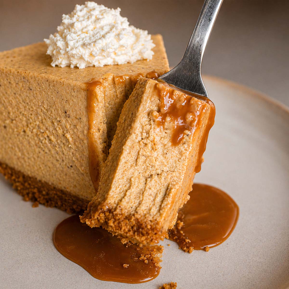 Easy No Bake Pumpkin Cheesecake slice with caramel sauce, creamy pumpkin filling, biscuit crust, and whipped cream, served on a plate with a fork lifting a bite