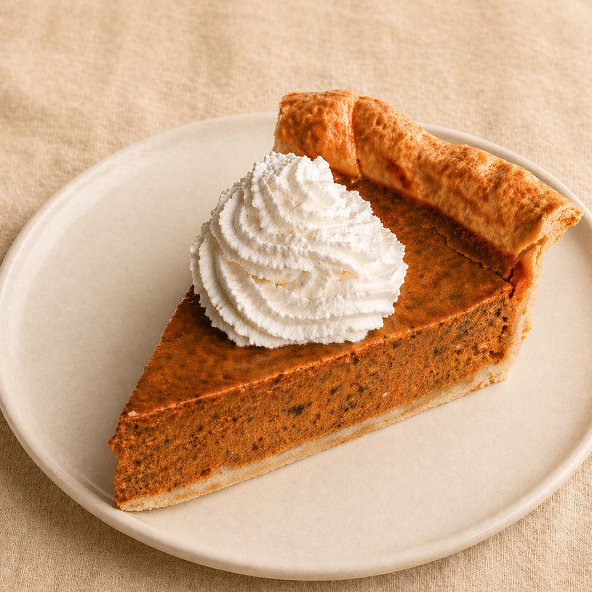 Easy pumpkin pie with condensed milk slice topped with whipped cream on a white plate
