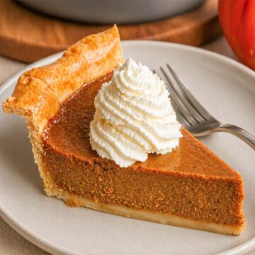 Easy pumpkin pie with condensed milk slice topped with whipped cream on a plate with fork