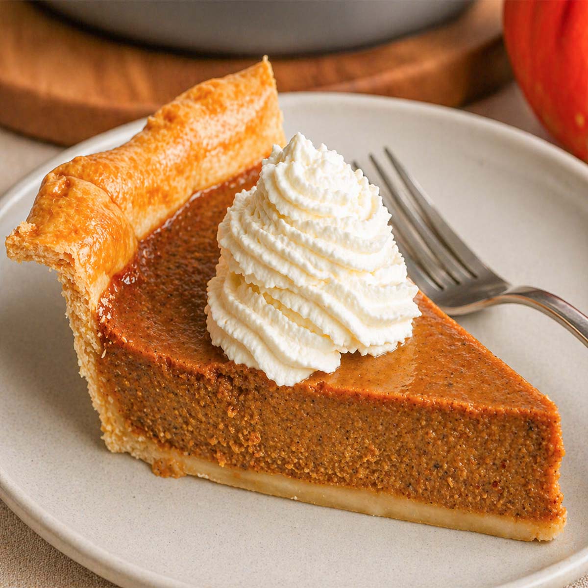 Easy pumpkin pie with condensed milk slice topped with whipped cream on a plate with fork