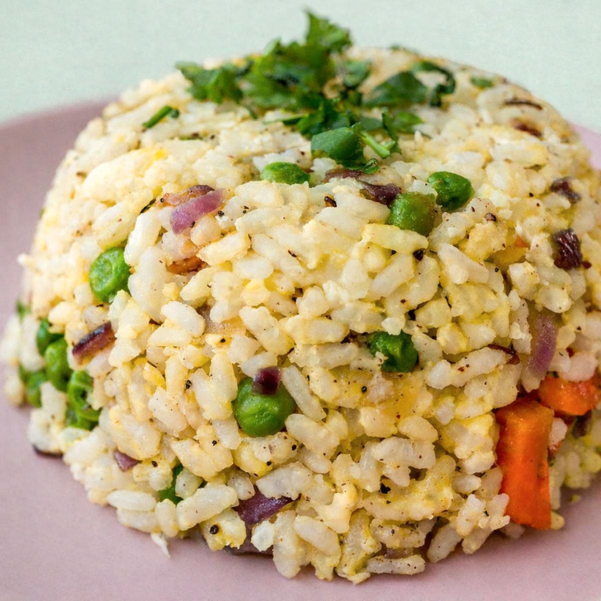 Easy Vegetable Egg Fried Rice with peas, carrots, red onion, and scrambled egg served on a pink plate, topped with fresh parsley.