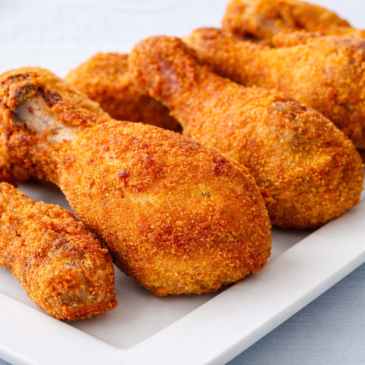 Golden crispy fried chicken drumsticks on a white plate with crunchy breadcrumb coating