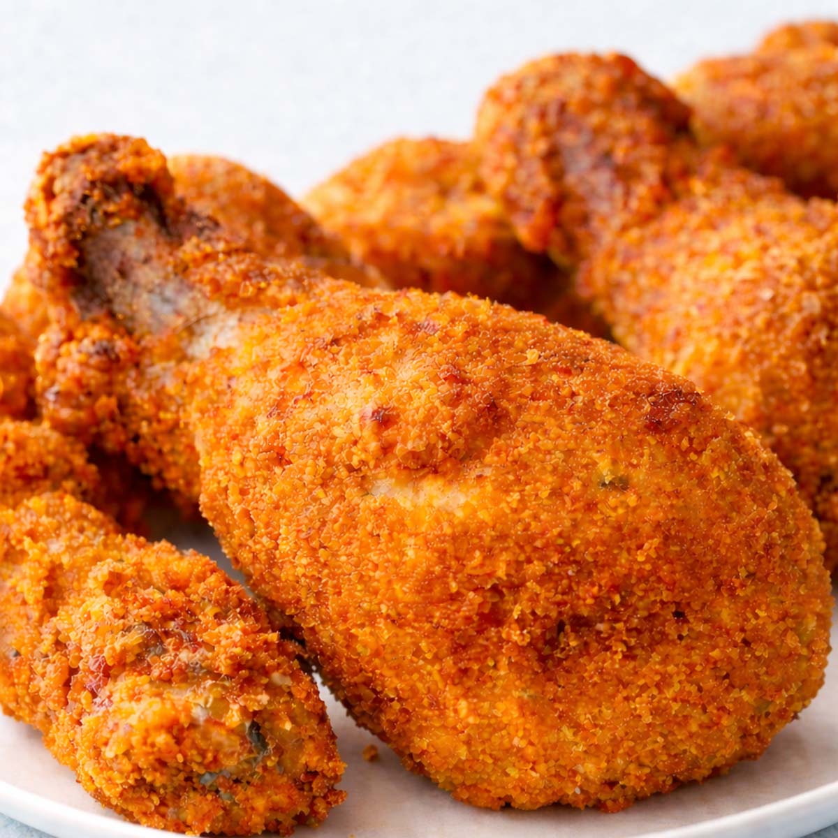 Close up of Golden crispy fried chicken drumsticks on a white plate with crunchy breadcrumb coating