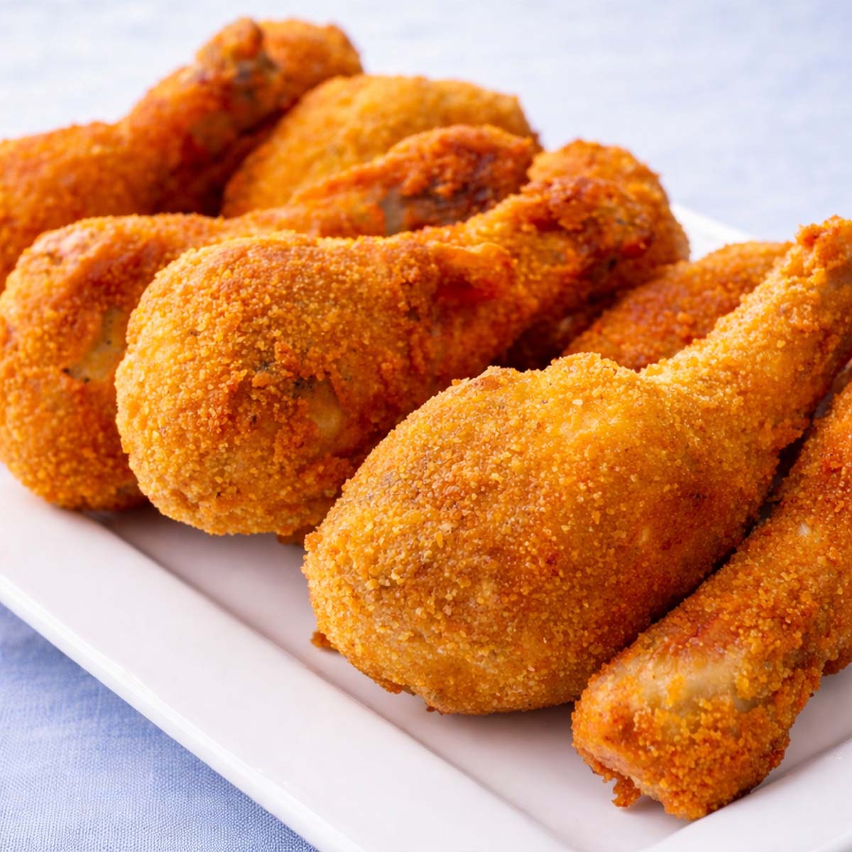 Crispy fried chicken drumsticks with golden breadcrumb coating served on a white plate