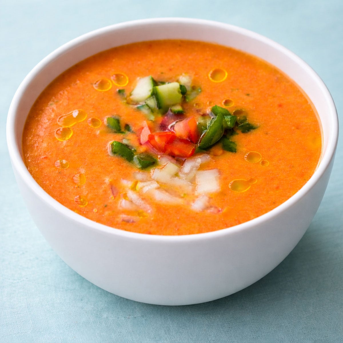 Traditional gazpacho in a ceramic bowl topped with diced cucumber, tomato, onion, and olive oil 