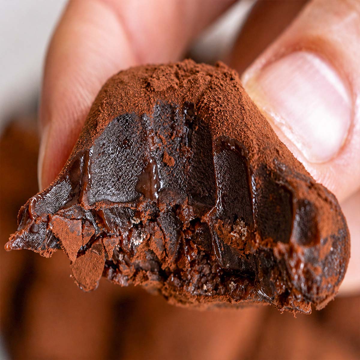 Homemade Chocolate Candy with Cocoa Powder showing a rich, fudgy interior, held by hand with a soft, creamy and slightly dense texture