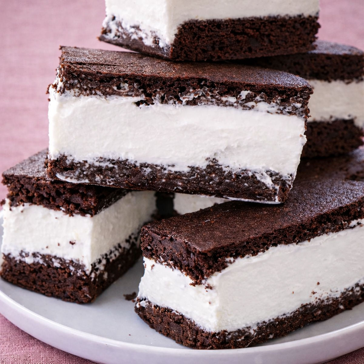 Homemade Vanilla Ice Cream Sandwiches with Brownies layered with thick creamy vanilla ice cream and soft chocolate brownie layers, stacked on a white plate.