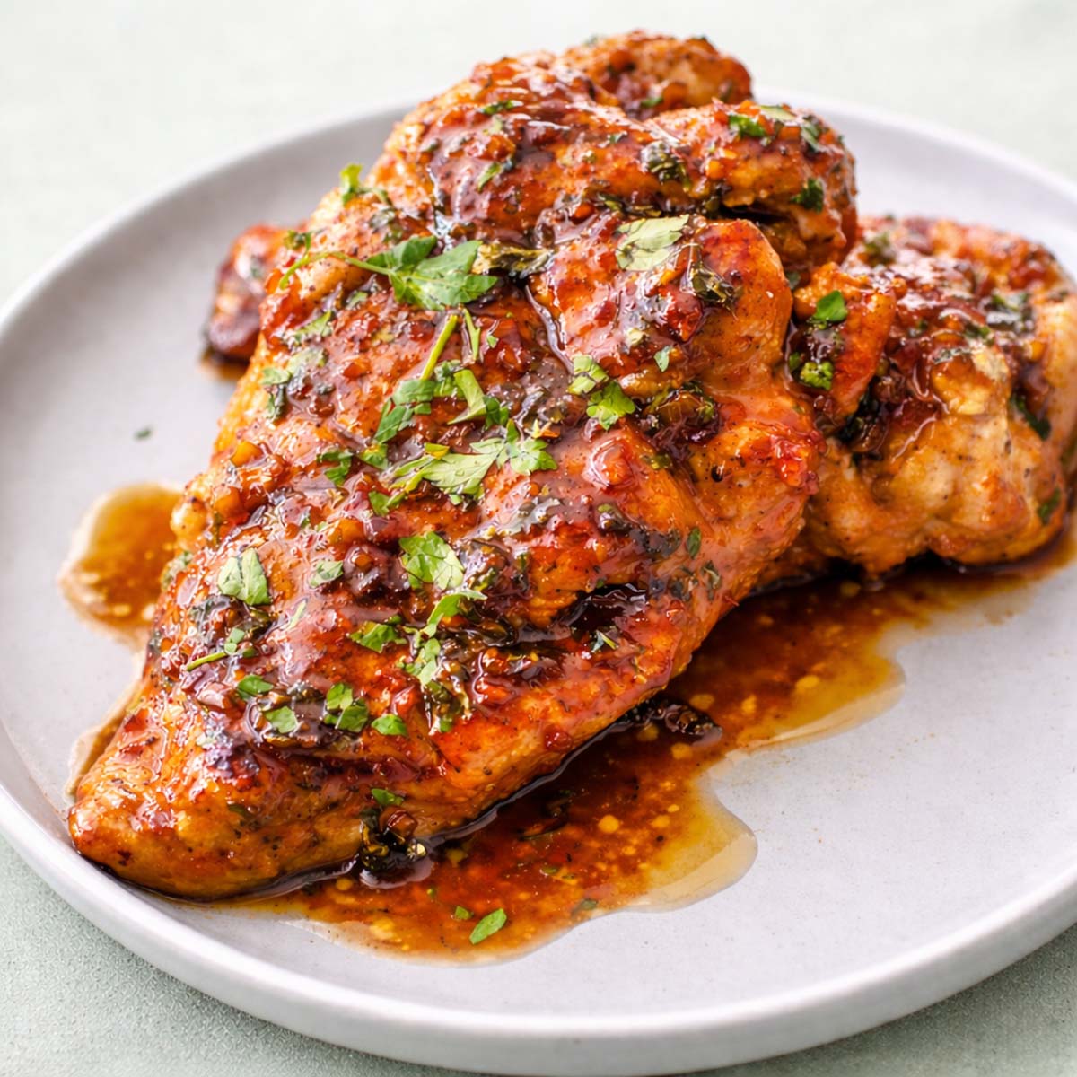 Honey garlic chicken breast with sticky honey garlic sauce and fresh parsley served on a plate.