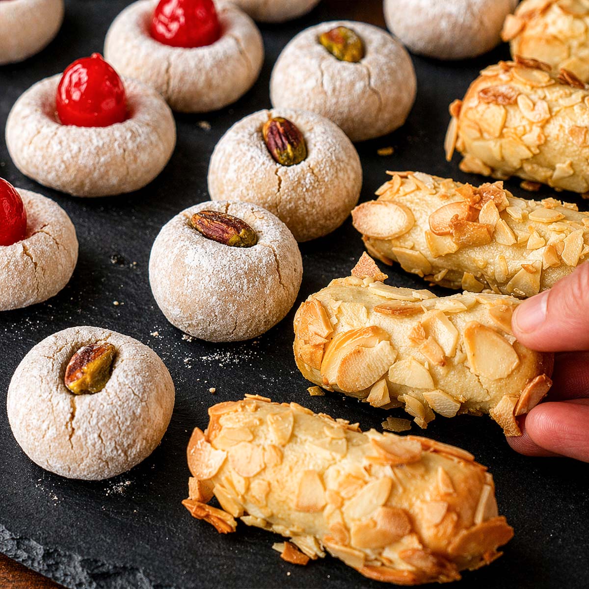 Hand picking Italian almond cookies made with almond flour from a black slate board, with amaretti-style cookies topped with cherries, almonds, and pistachios.