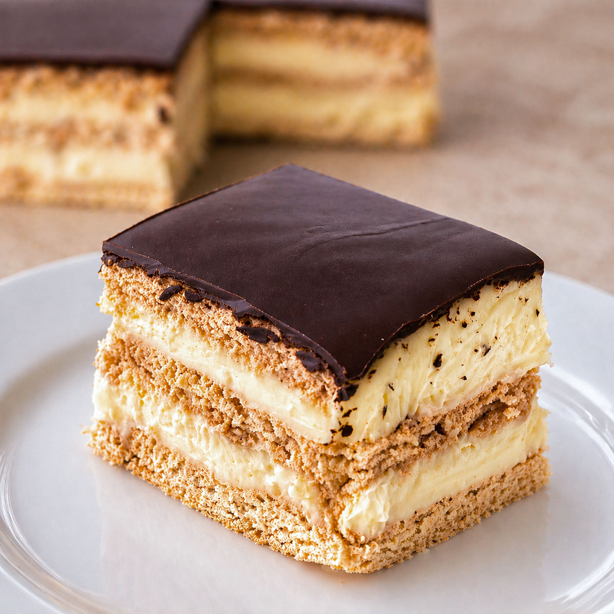 No-bake chocolate eclair dessert slice with creamy custard layers and biscuit base on a plate, topped with smooth chocolate glaze