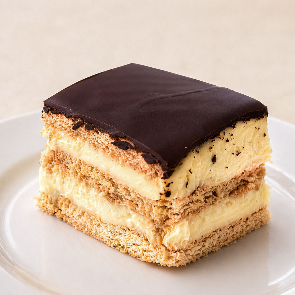 No-bake chocolate eclair cake slice with layered custard and biscuits on a plate, finished with a glossy chocolate topping