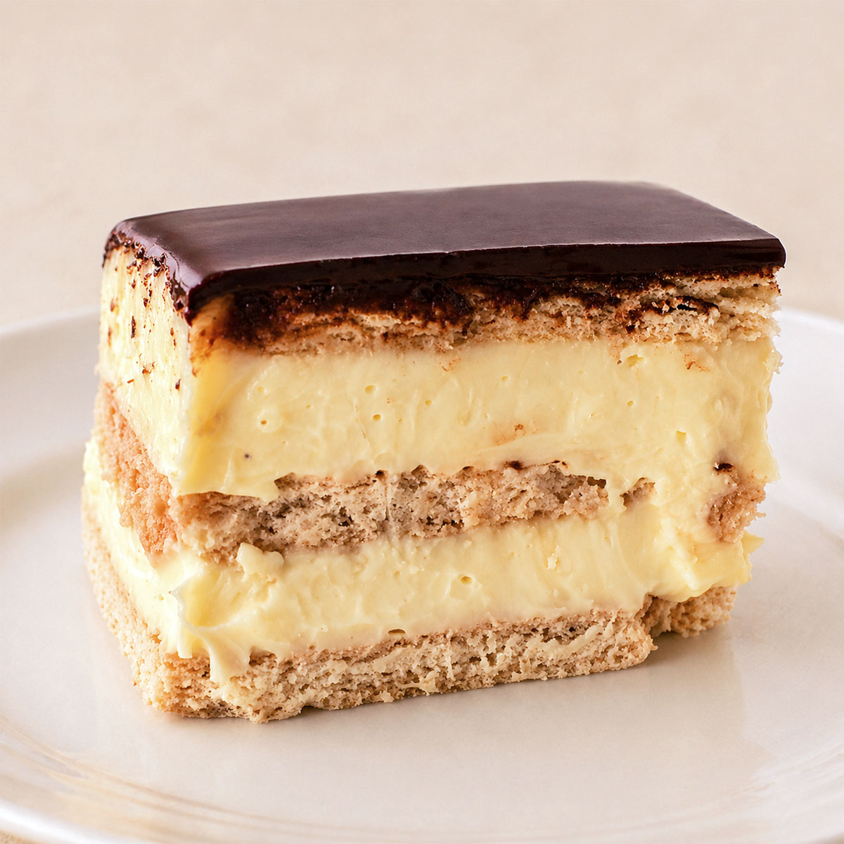 No-bake chocolate eclair dessert slice with creamy custard filling and soft biscuit layers, topped with a smooth chocolate glaze on a plate