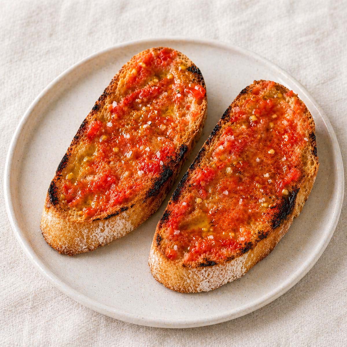 pan con tomate on toasted bread with olive oil and sea salt served on a ceramic plate