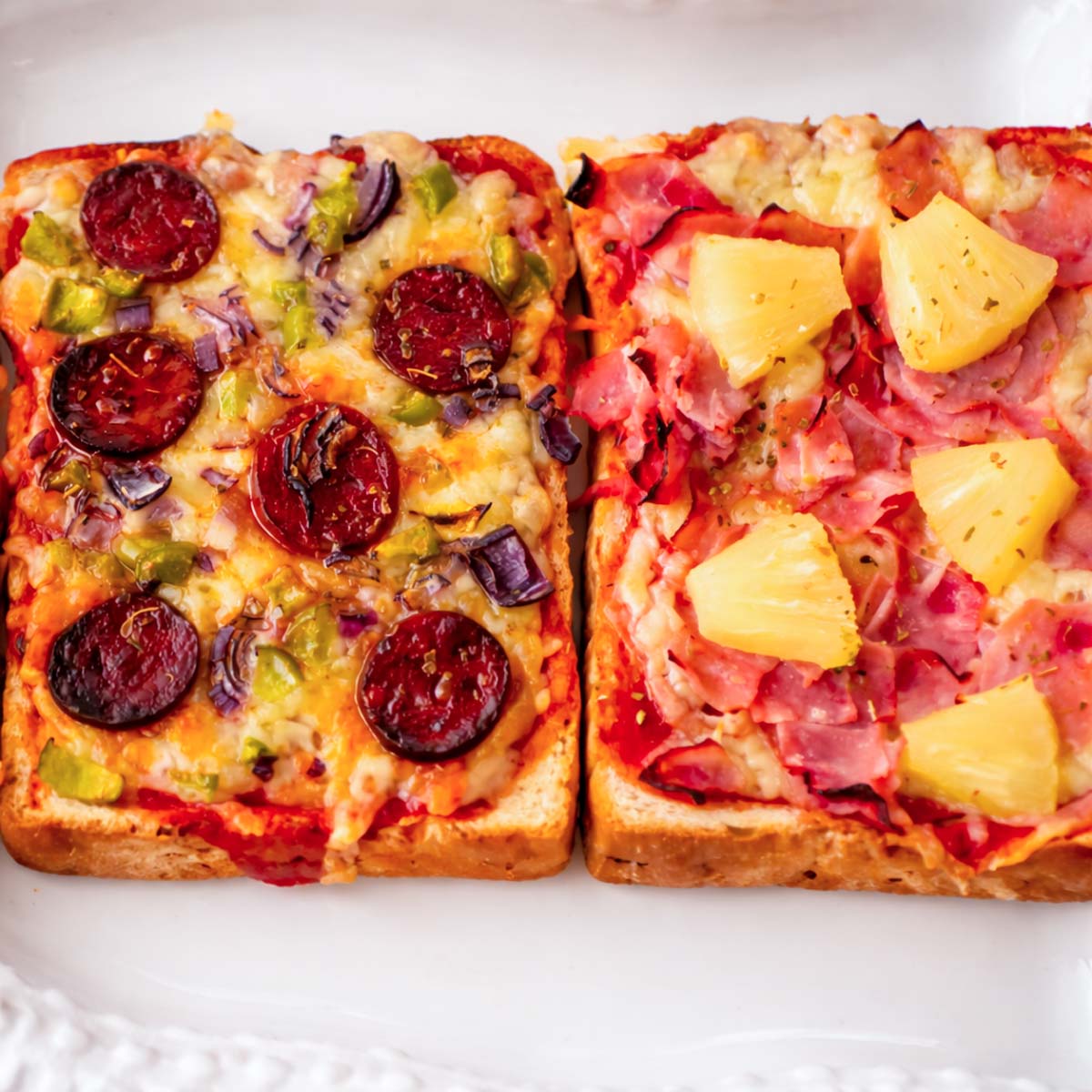 pizza toast with chorizo, green peppers and onion next to ham and pineapple pizza toast, baked on sandwich bread with melted cheese