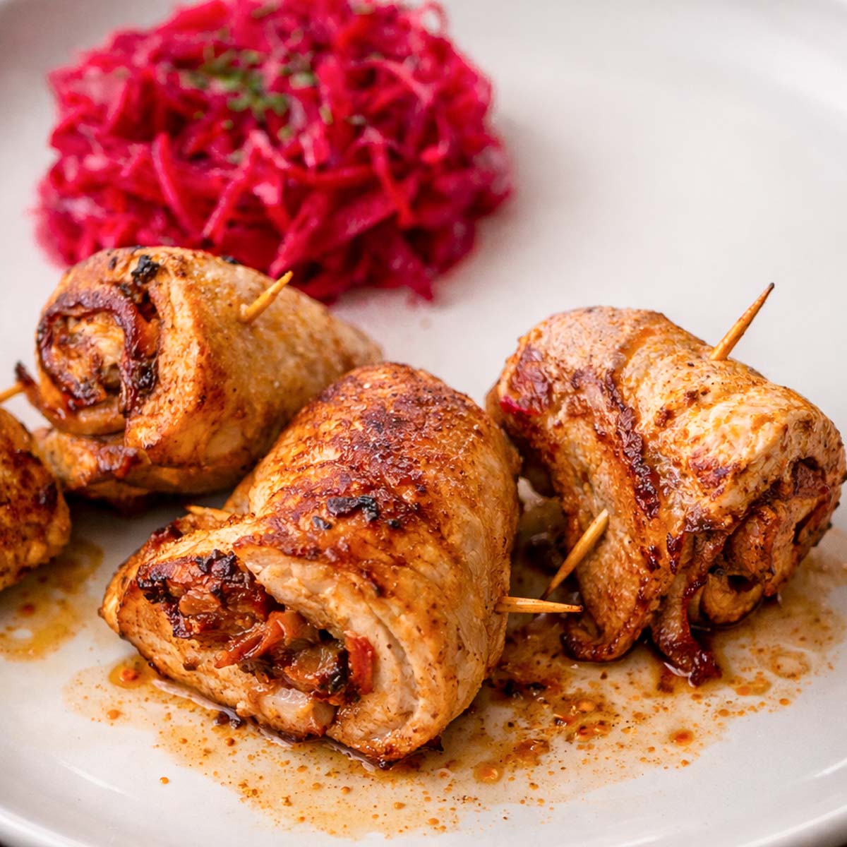 Stuffed pork rolls seared until golden and served on a plate with vibrant beet salad.