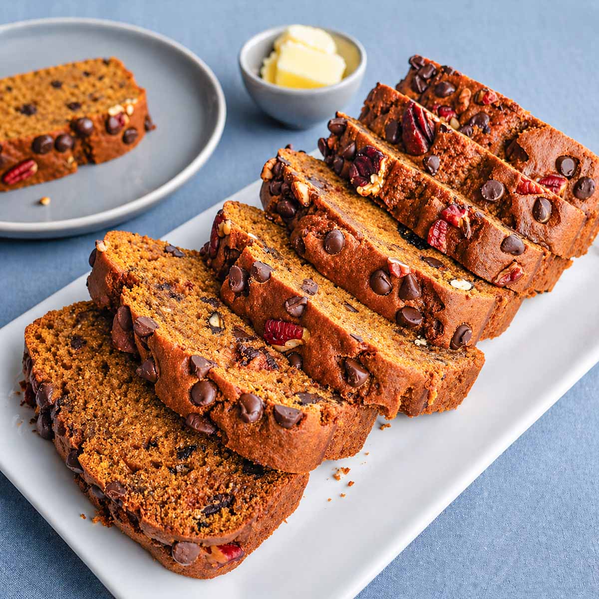 Pumpkin Bread with Chocolate Chips and Pecans sliced and arranged on a white platter, with a soft, moist texture and a bowl of butter in the background