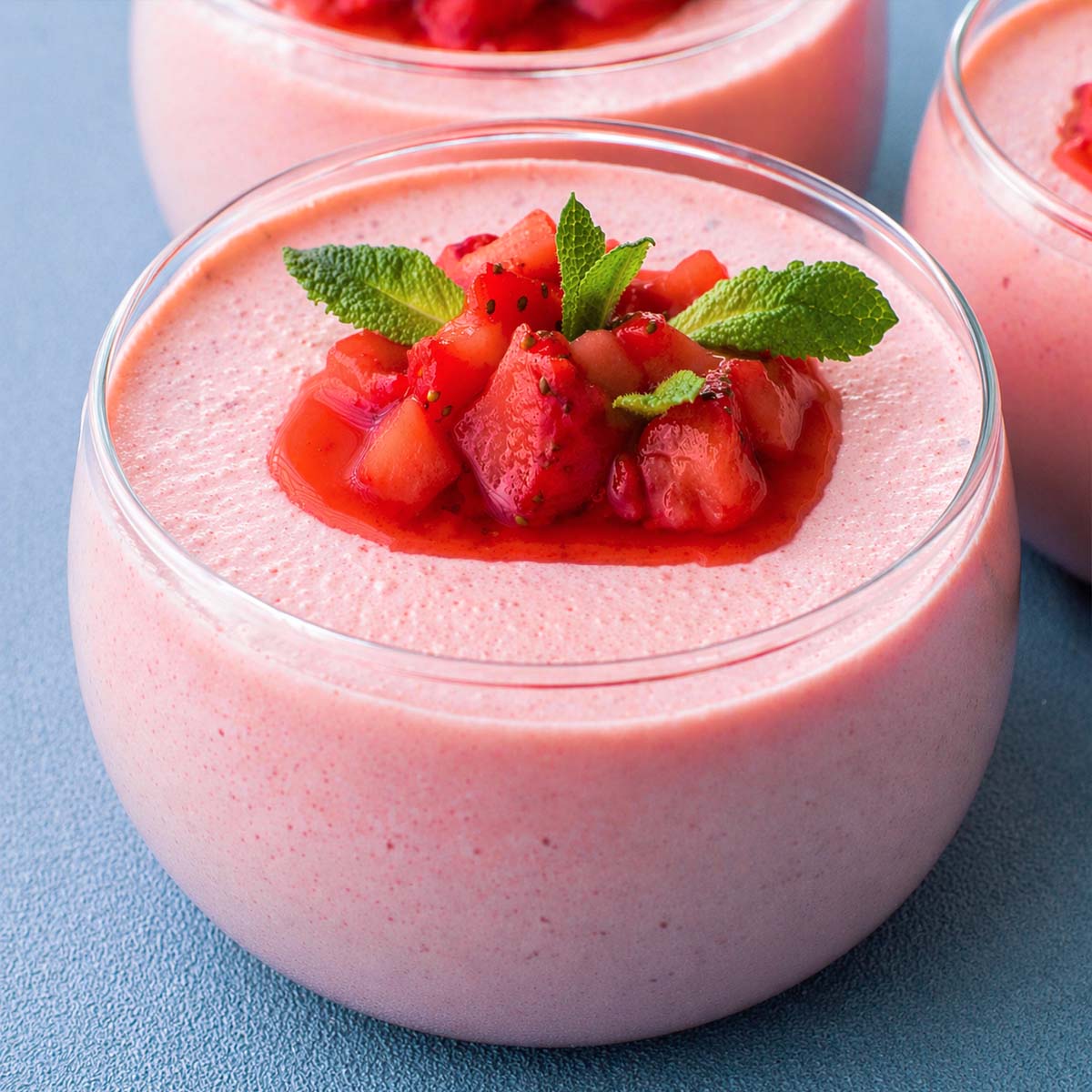 Strawberry mousse in a glass dessert cup topped with fresh strawberries and mint