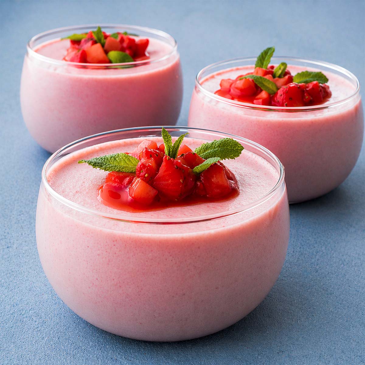 Strawberry mousse served in glass cups topped with fresh strawberries and mint 