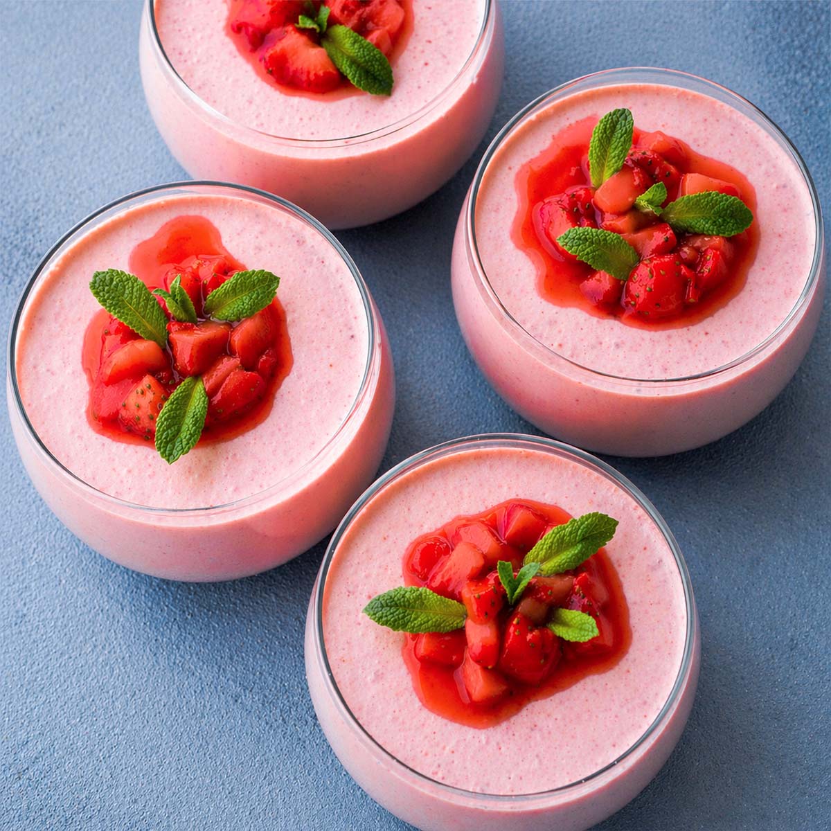 Strawberry mousse in glass cups topped with fresh strawberries and mint photographed from above