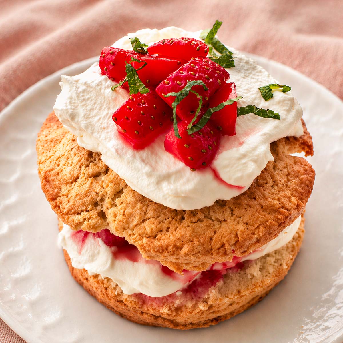 easy homemade strawberry shortcake with whipped cream and fresh strawberries on a white plate