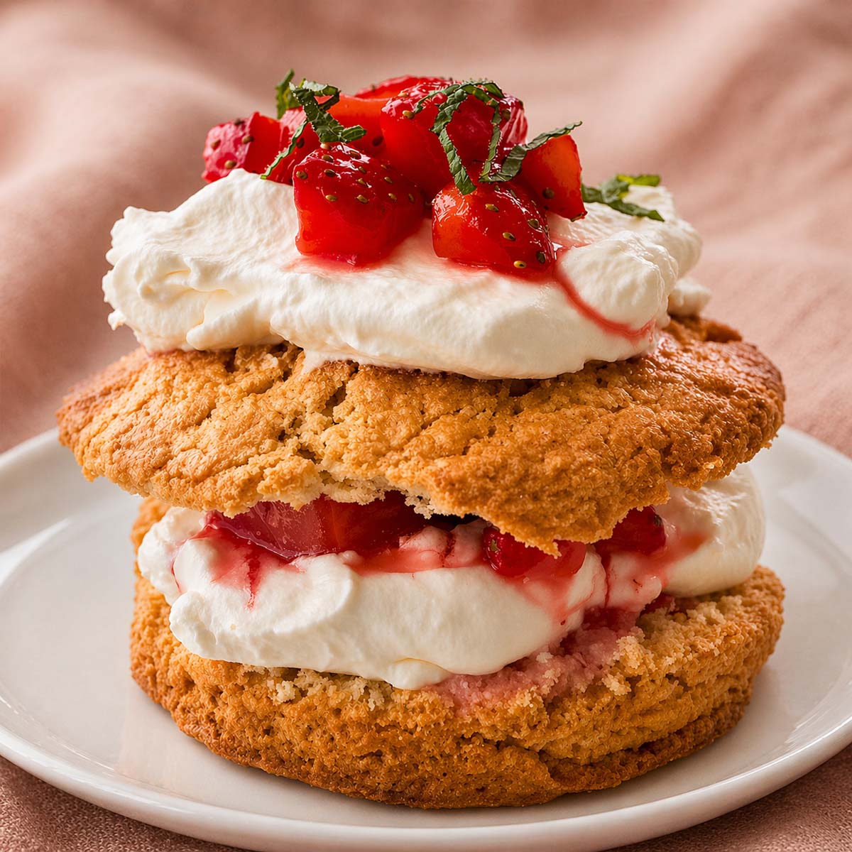 strawberry shortcake with whipped cream and fresh strawberries on a white plate