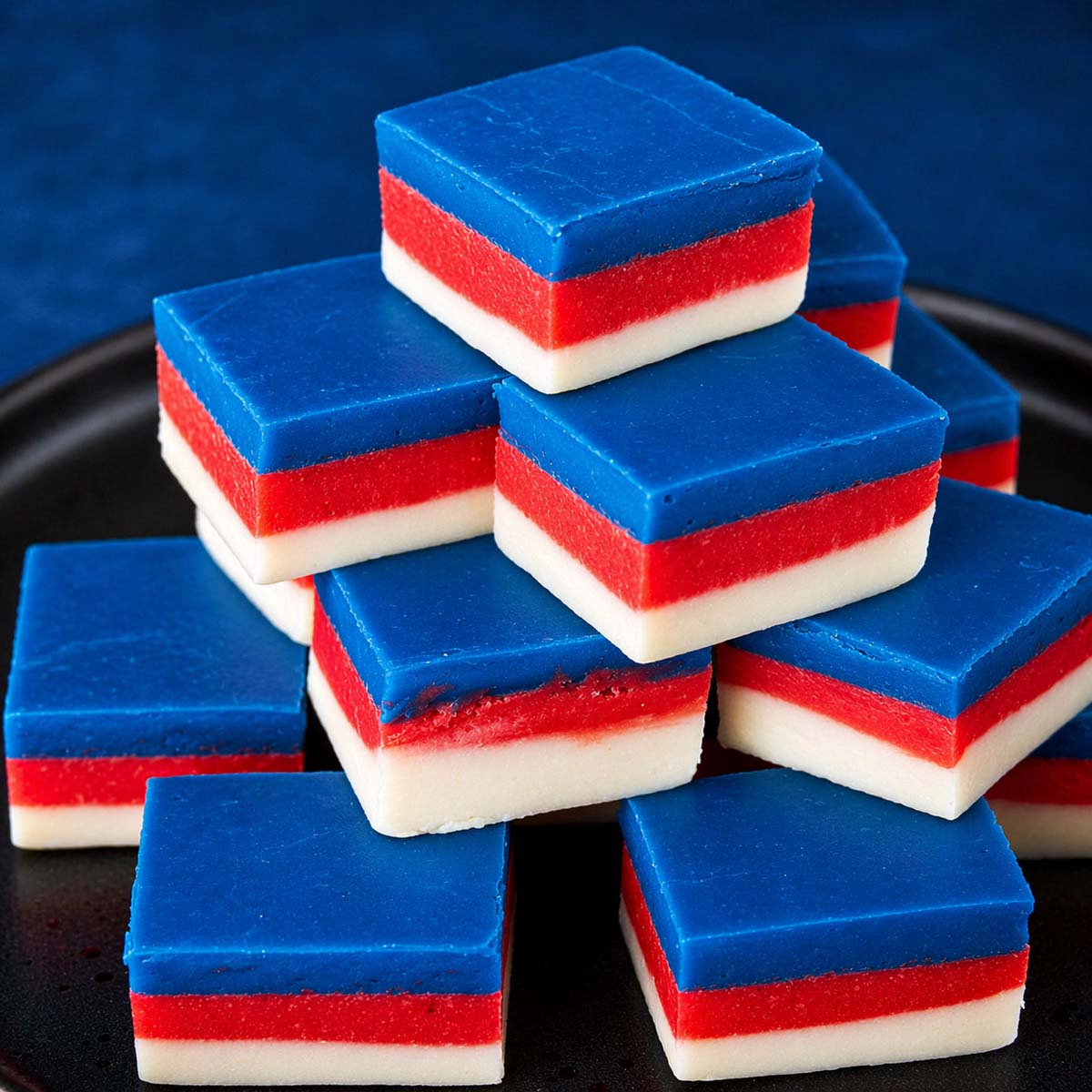 Close-up of layered white chocolate fudge squares with blue, red, and white layers stacked on a black plate