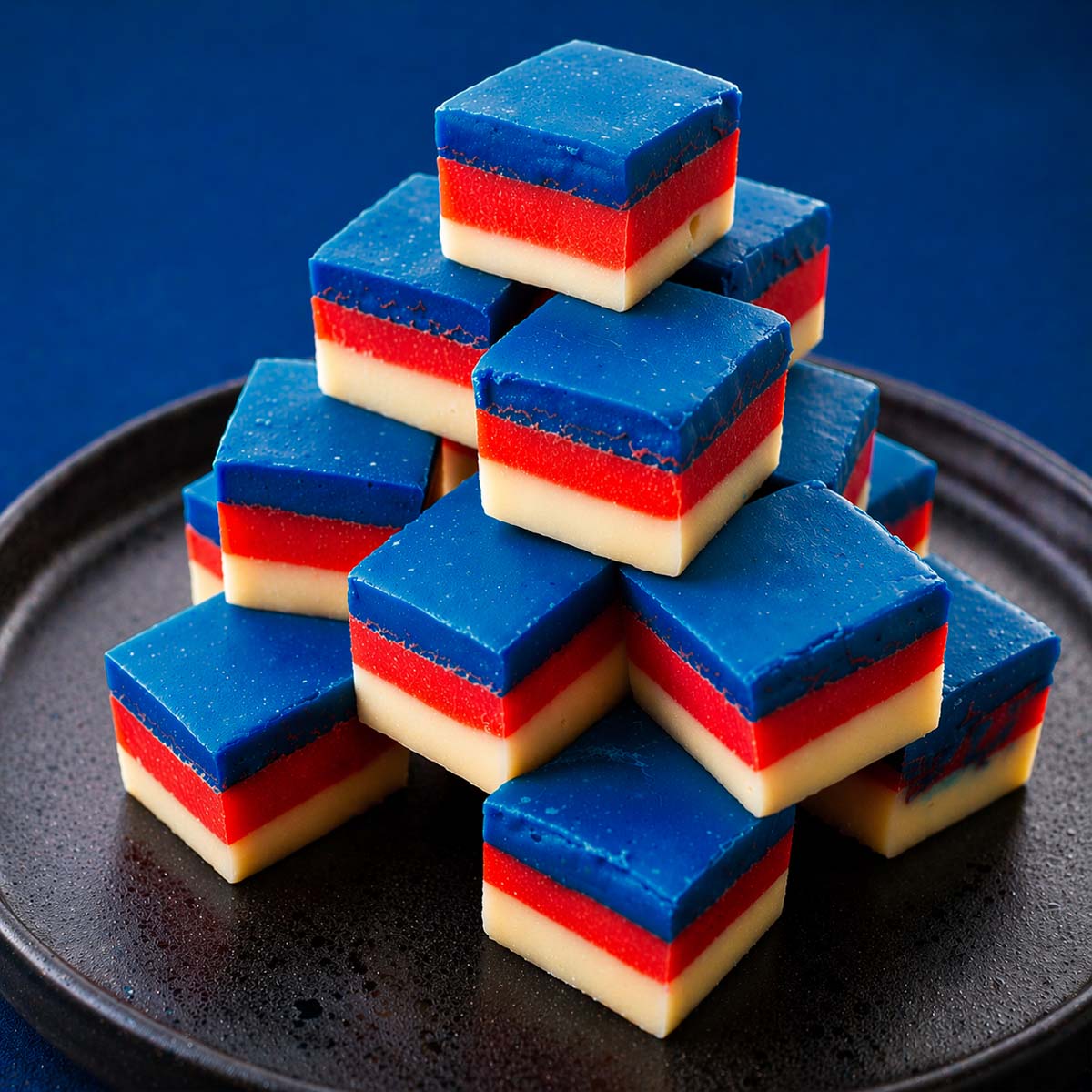 Stacked layered white chocolate fudge squares with red and blue layers on a black plate