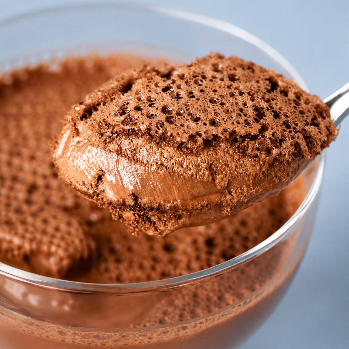 Close-up spoonful of airy 2 Ingredient Chocolate Mousse with a rich, bubbly texture served in a glass dessert bowl.