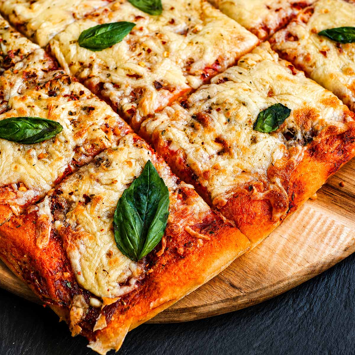 Close up No Knead Pizza Dough baked into a crispy homemade sheet pan pizza with melted mozzarella cheese and fresh basil leaves
