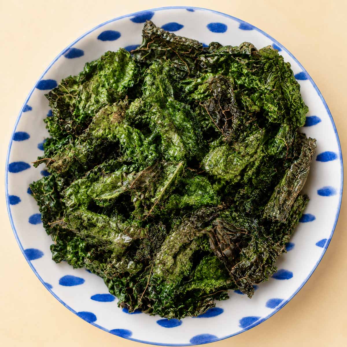 Air fryer kale chips served in a white bowl with blue details, showing crispy dark green kale leaves with crunchy edges.