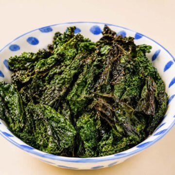 Close up Air fryer kale chips served in a white bowl with blue details, showing crispy dark green kale leaves with crunchy edges.