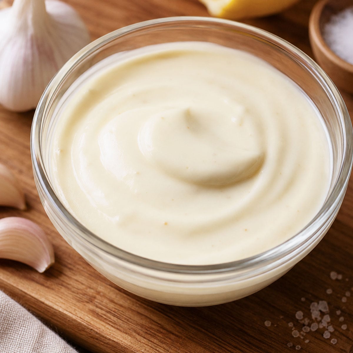 Homemade Spanish alioli recipe in a glass bowl with garlic cloves, creamy garlic aioli sauce