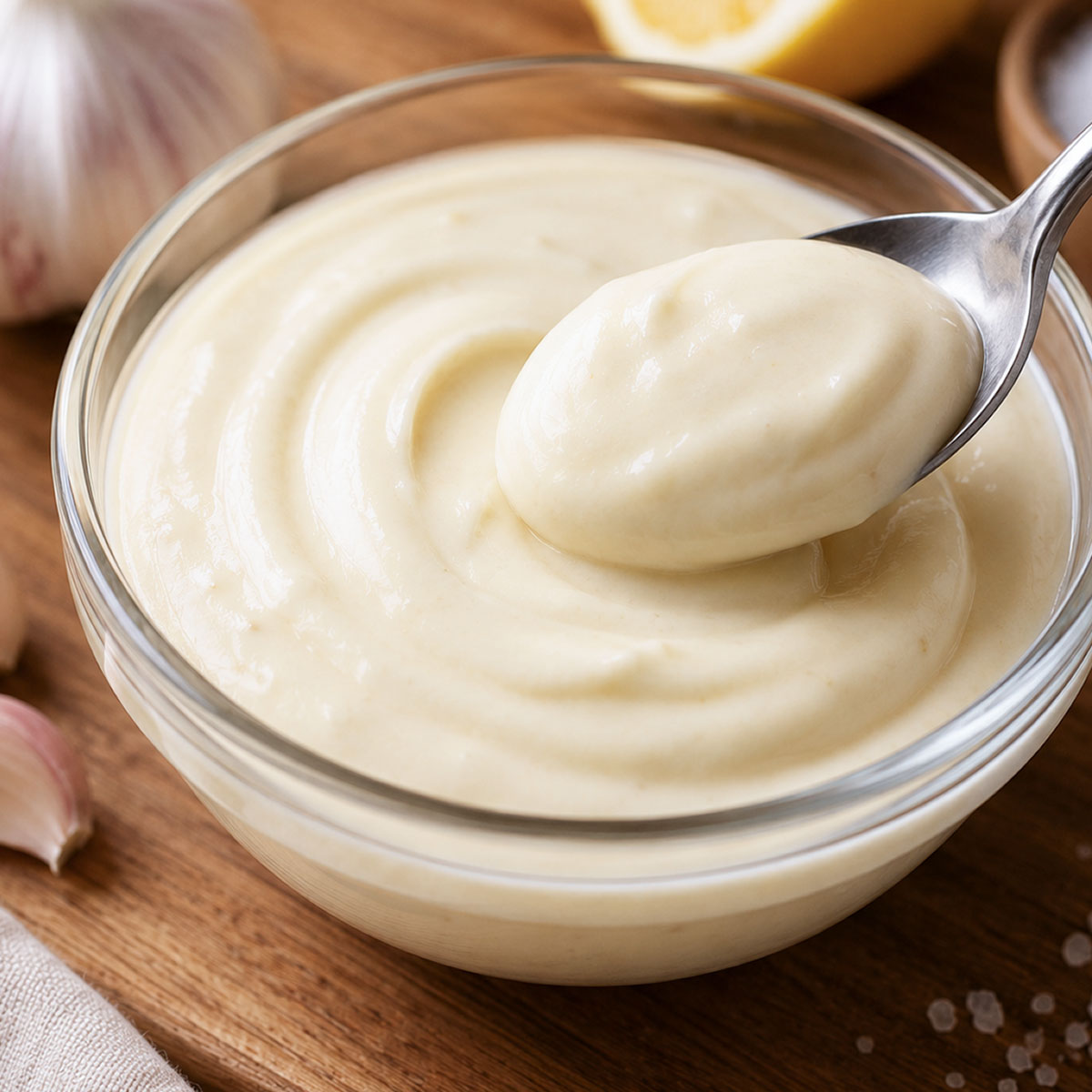 Creamy homemade alioli being scooped with a spoon from a glass bowl