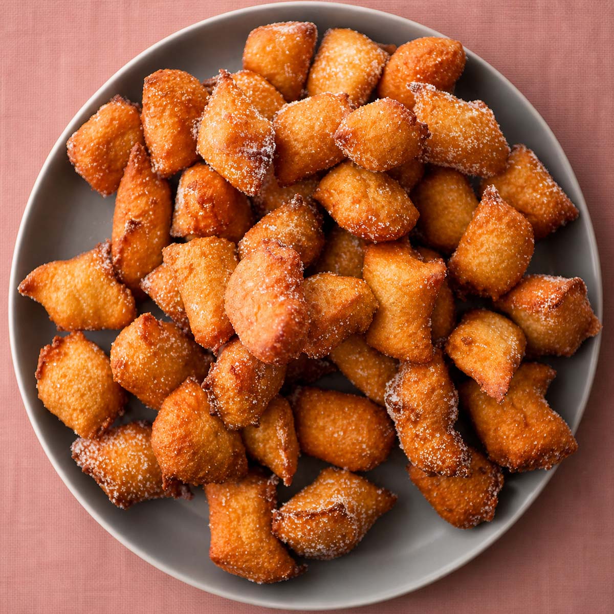 Easy apple fritters dusted with sugar on a plate, golden and crispy