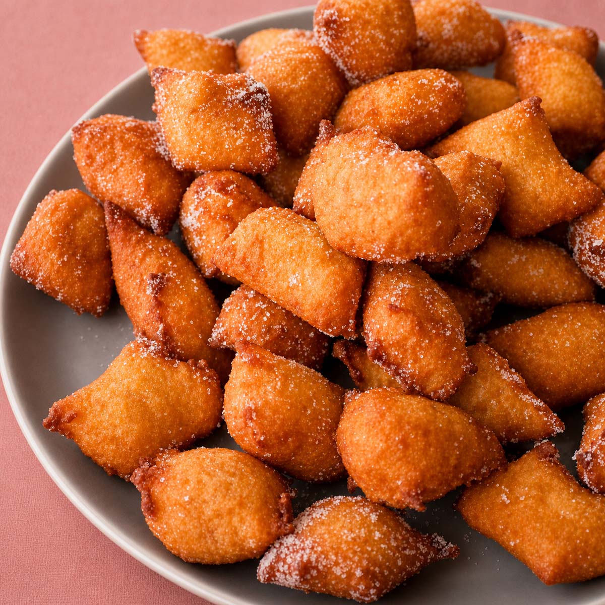 Easy apple fritters coated in sugar on a plate, golden and crisp with a soft center