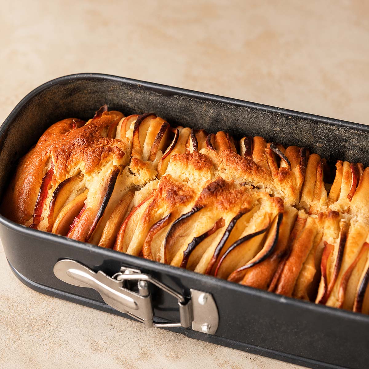 Moist apple loaf cake baked with thin sliced apples in a loaf pan, showing a golden crust and soft interior