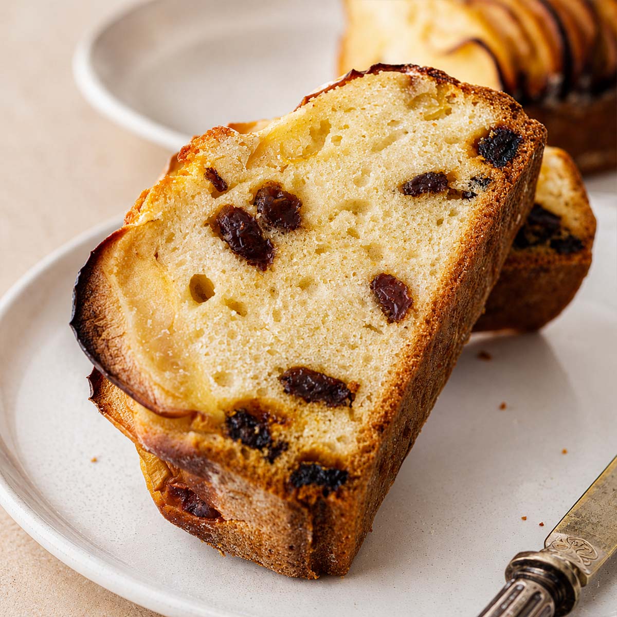 close up apple loaf cake slice with raisins and baked apple layers on a white plate, featuring a golden crust and soft, buttery texture