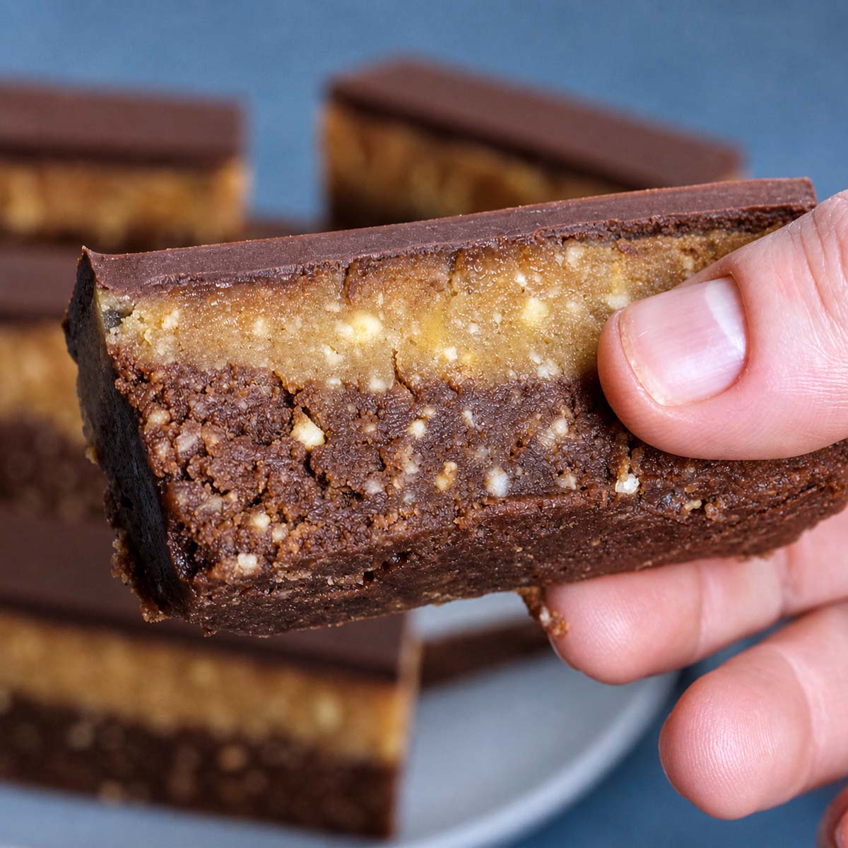 Bajadera Recipe (No-Bake Croatian Chocolate Bars) close-up of layered chocolate and biscuit bar held by hand showing rich texture
