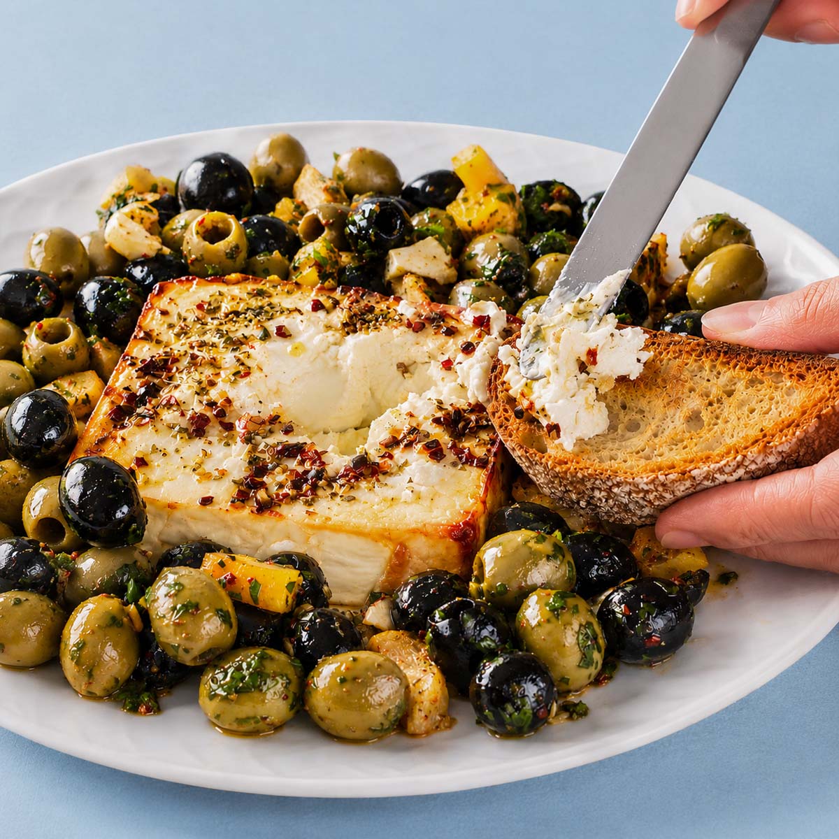 Baked Feta Recipe with Marinated Olives served with toasted bread, creamy baked feta, herbs, chili flakes, and Mediterranean-style olives.