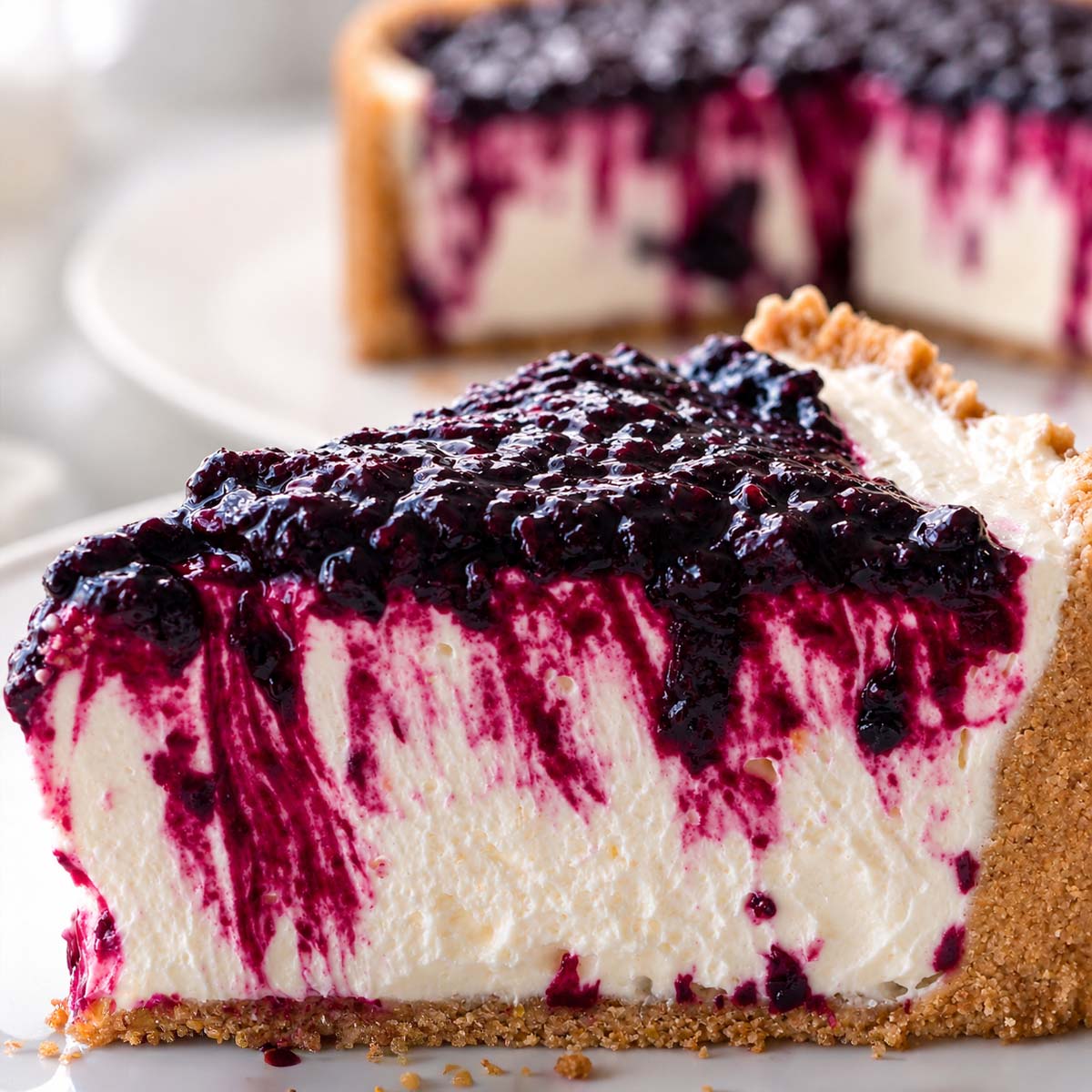 close up No-Bake Blackberry Cheesecake slice with creamy filling, buttery biscuit crust, and glossy blackberry topping