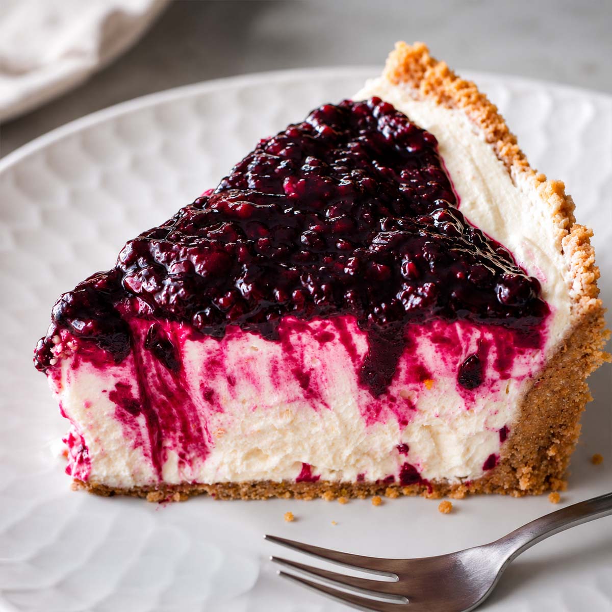 Slice of No-Bake Blackberry Cheesecake topped with glossy blackberry sauce and served on a white plate with a buttery cookie crust.