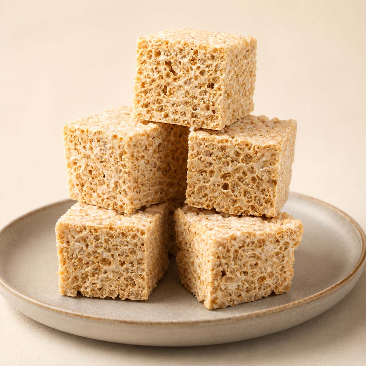 Brown Butter Rice Krispie Treats stacked on a ceramic plate with chewy marshmallow texture and golden brown butter flavor