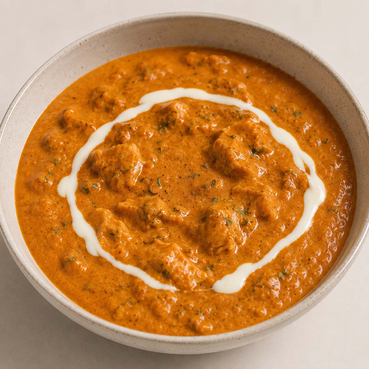 Creamy homemade butter chicken served in a bowl with tender chicken pieces and a rich spiced tomato curry sauce topped with cream swirl